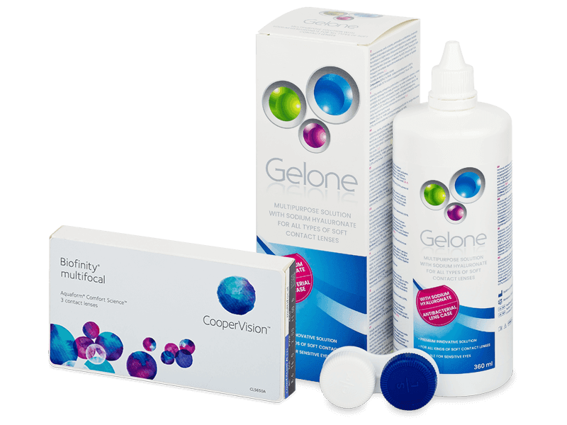 Biofinity Multifocal (3 lentile) + soluție Gelone 360 ml - Pachet avantajos