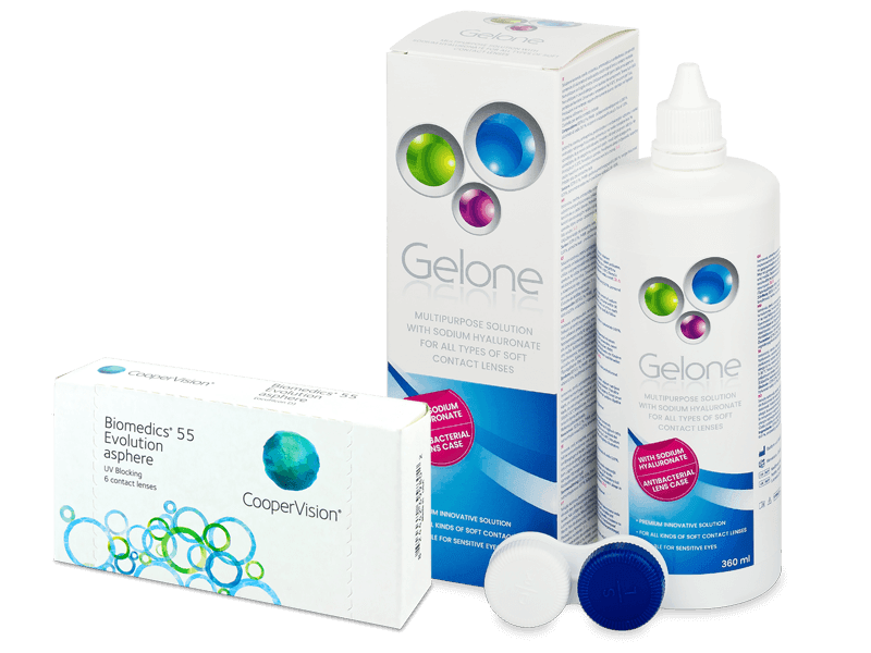 Biomedics 55 Evolution (6 lentile) + soluție Gelone 360 ml - Pachet avantajos