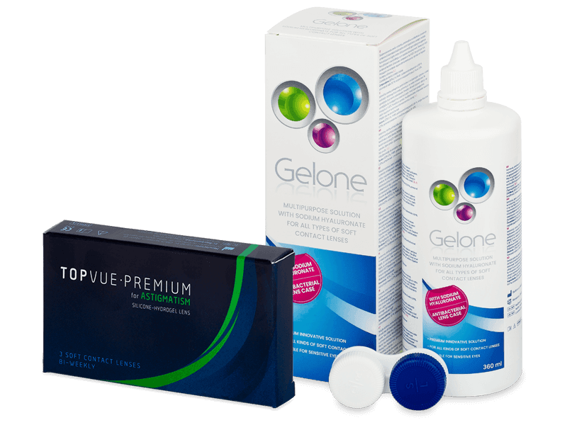 TopVue Premium for Astigmatism (3 lentile) + soluție Gelone 360 ml - Pachet avantajos